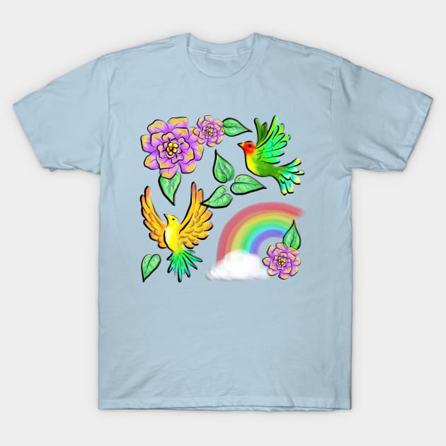 Birds Flowers and Rainbows Doodle Pattern T-Shirt by BluedarkArt
